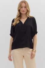 ENTRO Solid Dolman Top With Trenza Detail In Black