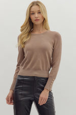 Entro Solid Round Neck Long Sleeve Top With Button Sleeve In Mocha