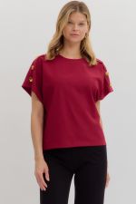 ENTRO Solid Crew Neck With Button Trim Top In Cherry