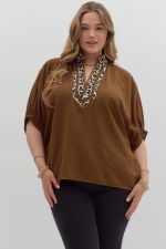 ENTRO Caftan Inspired Top with Leopard Trim In Caramel PLUS