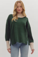 ENTRO Solid Long Sleeve Pullover With Contrast Trim In Hunter Green