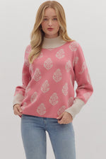 ENTRO Botanical Print Pullover With Contrast Trim In Dusty Pink