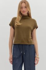 ENTRO Solid Knit Mock Neck Top In Olive