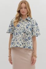 ENTRO Floral Button Down Top In Navy
