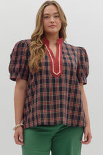 Entro Plaid Cuff Band Short Sleeve Top In Navy PLUS Sizes