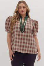 Entro Plaid Cuff Band Short Sleeve Top In Taupe PLUS Sizes