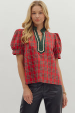 Entro Plaid Cuff Band Short Sleeve Top In Red