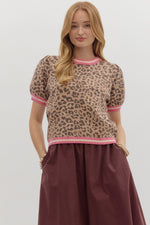 Entro Leopard Print Top With Accent Band In Camel