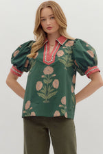 Entro Floral Cuff Band Top In Hunter Green