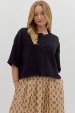 ENTRO 3/4 Sleeve Knit Button Up Sweater In Black