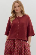ENTRO 3/4 Sleeve Knit Button Up Sweater In Burgundy