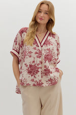 ENTRO Floral Short Sleeve Dolman Top In Burgundy