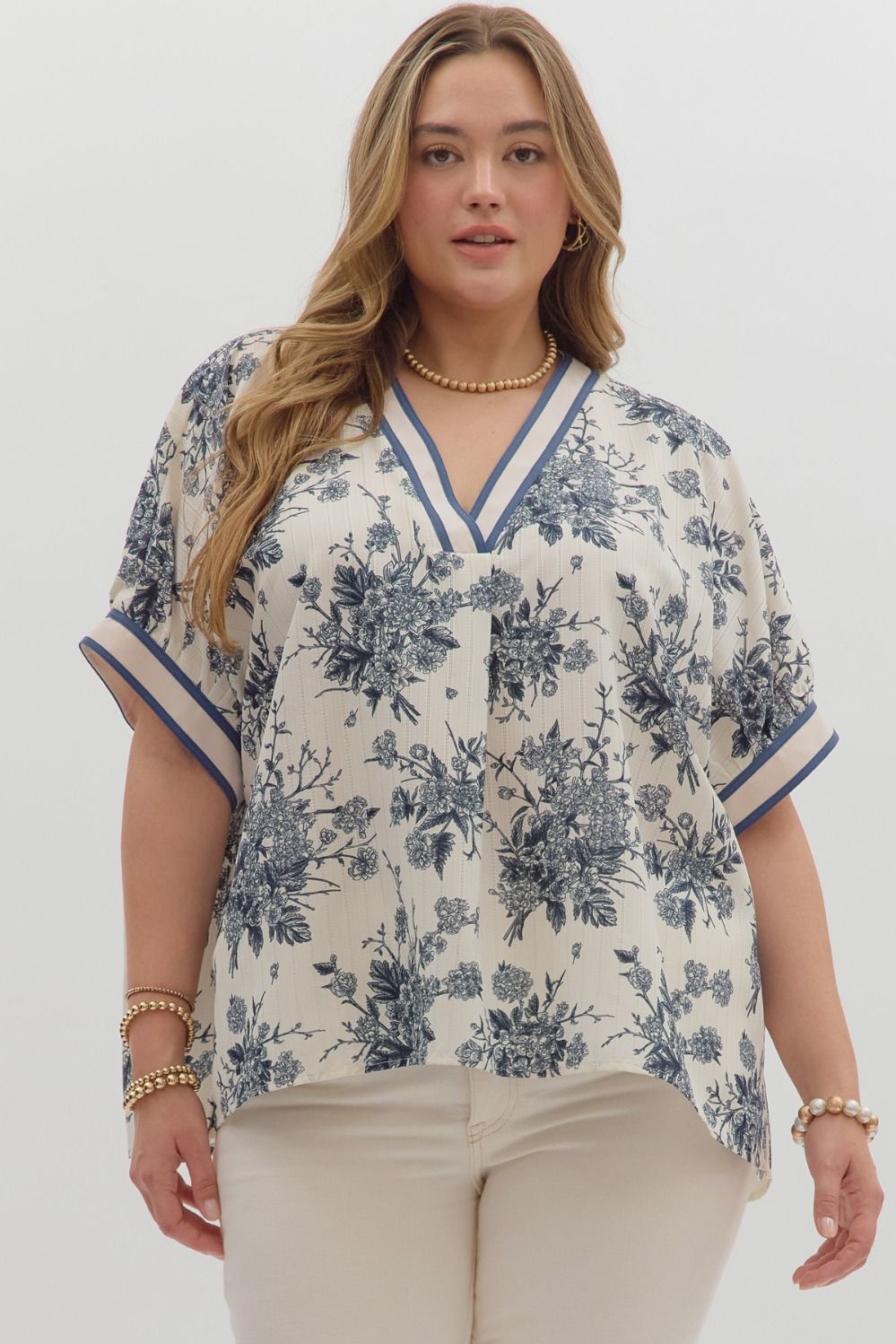 Entro Floral Oversized Pullover Dolman Top In Blue Grey PLUS Sizes