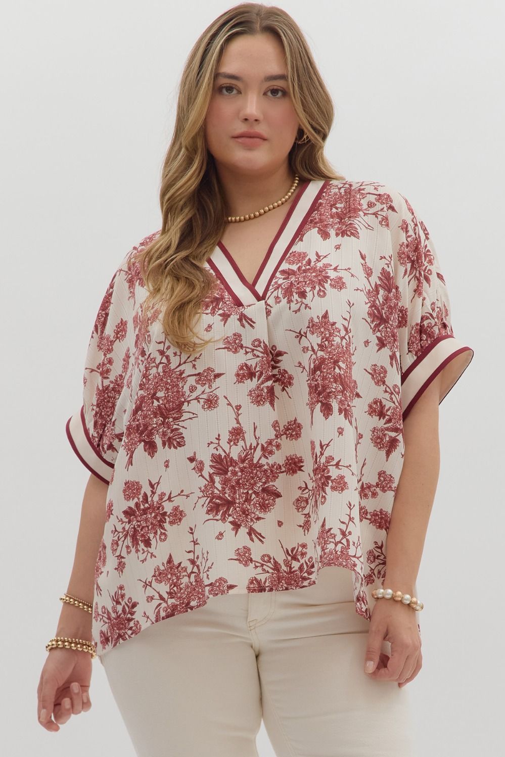 Entro Floral Oversized Pullover Dolman Top In Burgundy PLUS Sizes