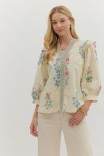 ENTRO Floral 3/4 Sleeve Top With Contrast Binding In Cream