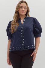Entro Solid Cuff Bank Top With Stud Accents In Navy PLUS Sizes