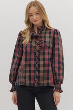 Entro Plaid Long Sleeve Ruffle Neck Top In Dark Navy
