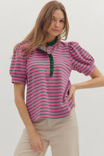 ENTRO Stripe Ruffle Neck Knit Top In Orchid