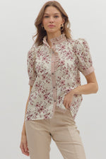 ENTRO Floral Ruffle Neck Band Top In Rust