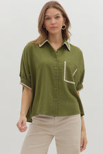 ENTRO Short Sleeve Dolman Top With Embroidered Trim In Olive