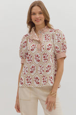 ENTRO Floral Embroidered Top With Ruffle Trim In Brick