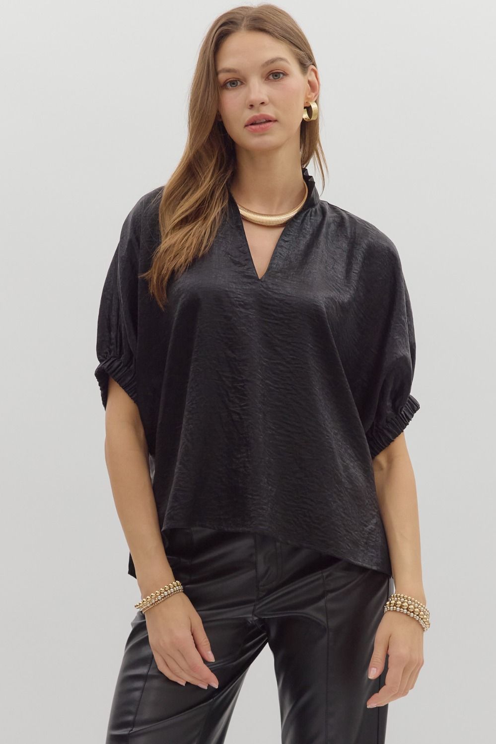 ENTRO Metallic V Neck Dolman Top In Black