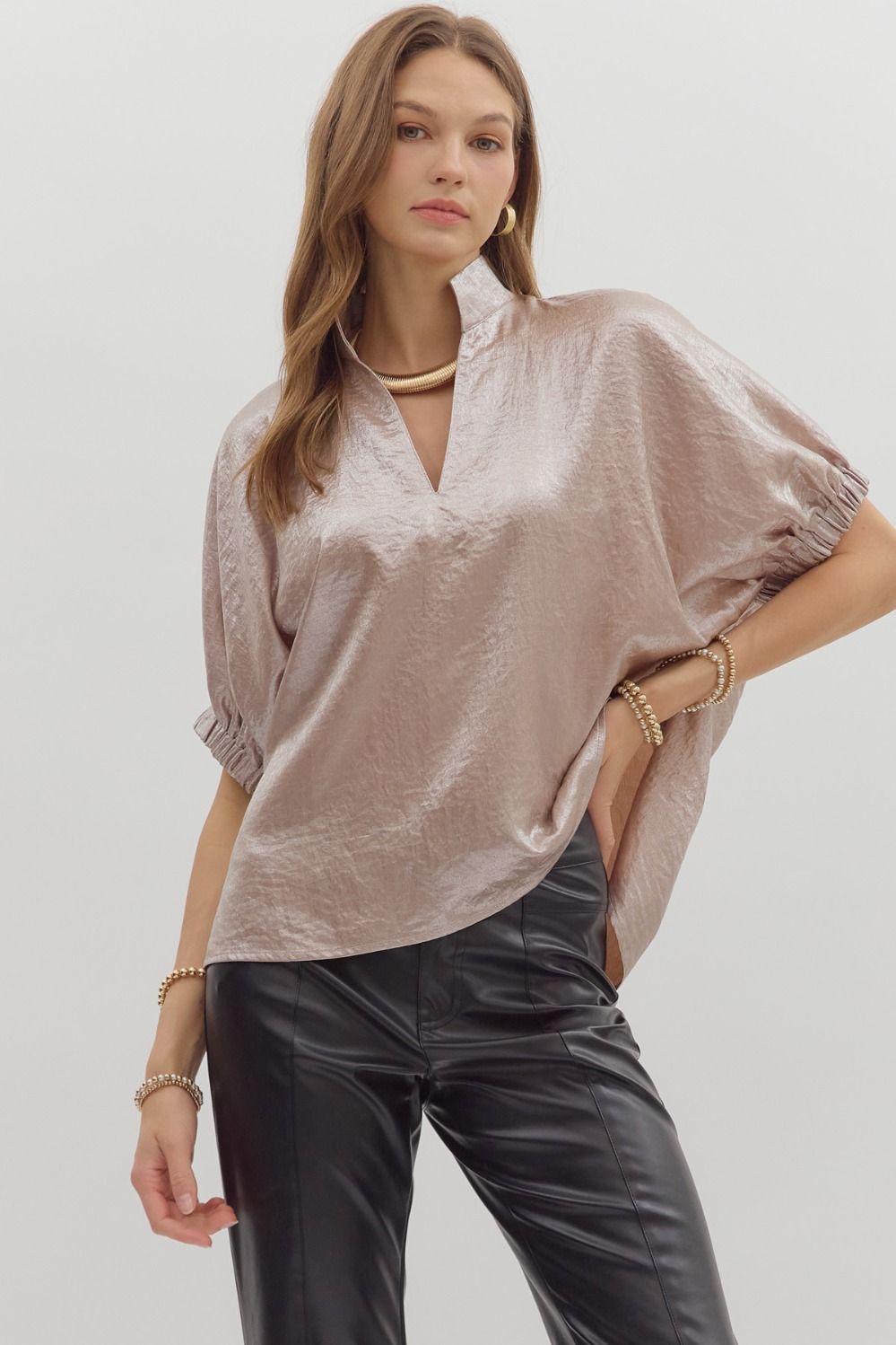 ENTRO Metallic V Neck Dolman Top In Champagne