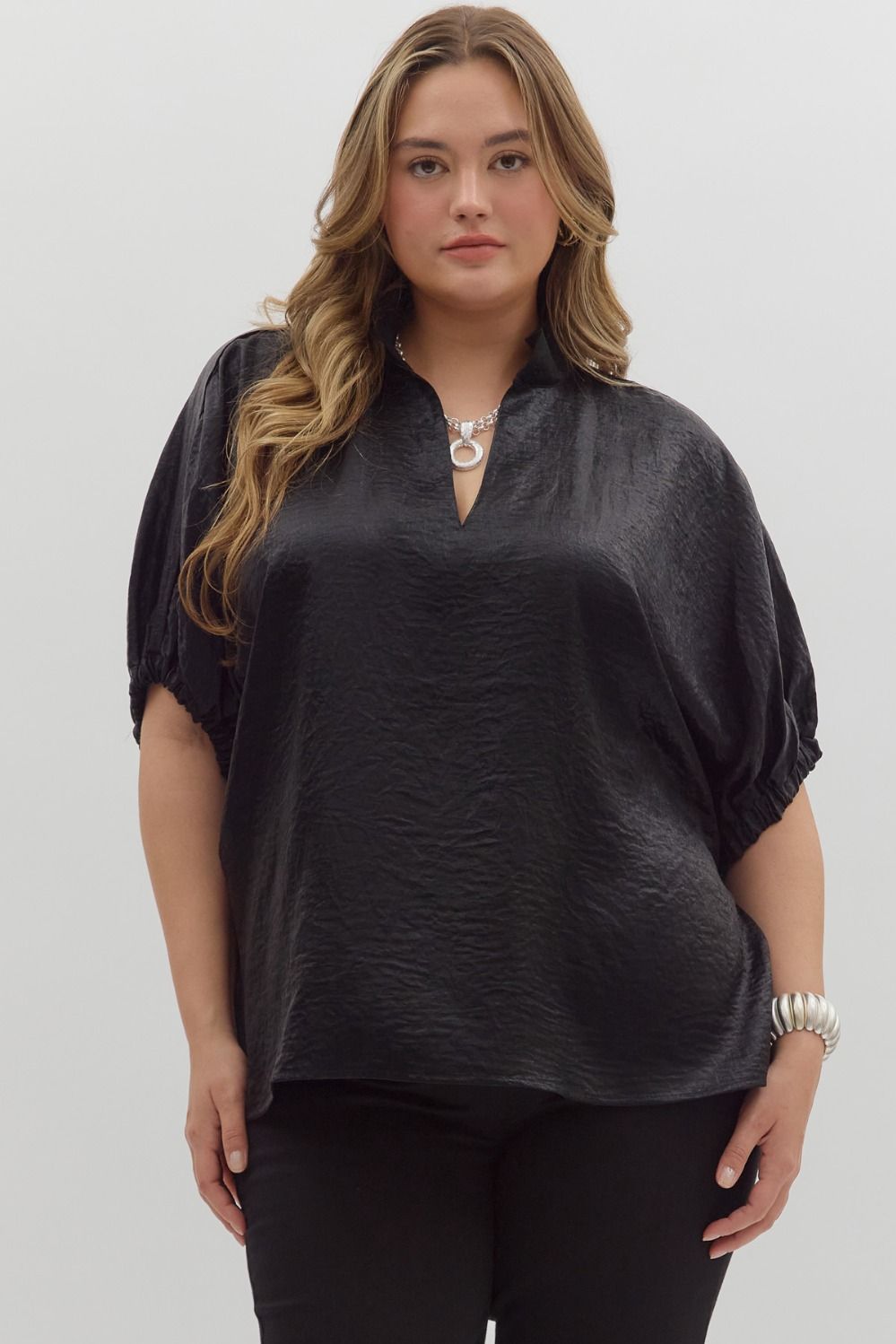 ENTRO Metallic V Neck Dolman Top In Black PLUS Sizes