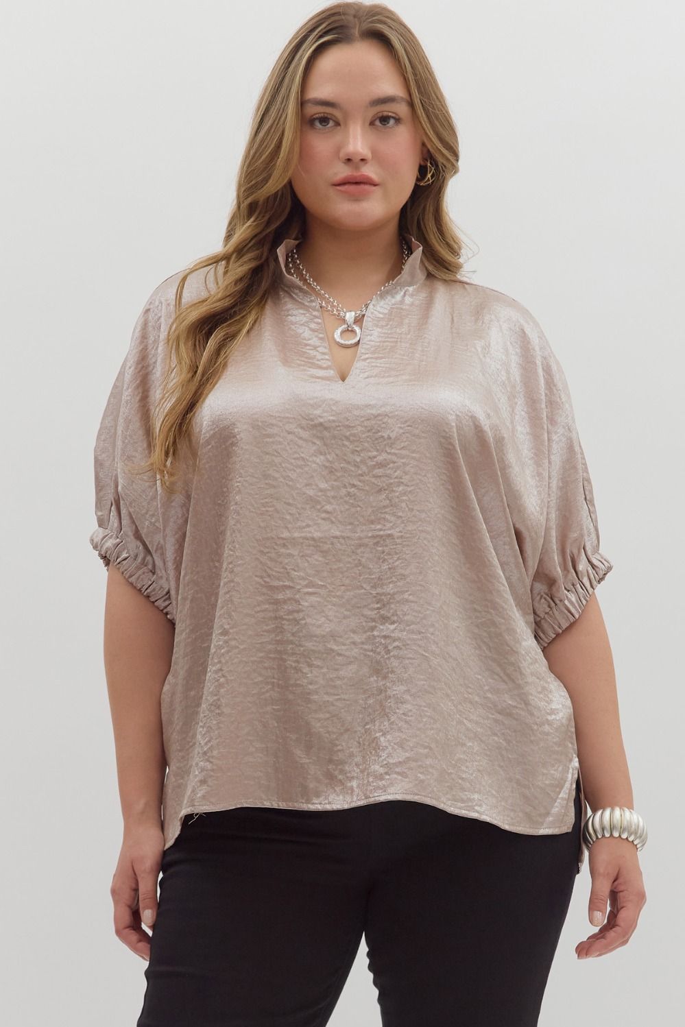 ENTRO Metallic V Neck Dolman Top In Champagne PLUS Sizes