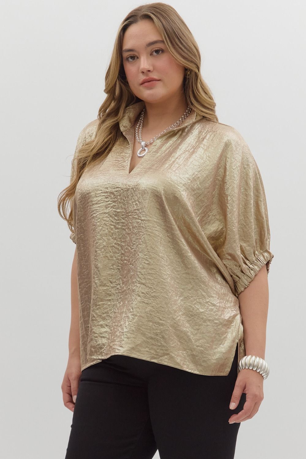 ENTRO Metallic V Neck Dolman Top In Gold PLUS Sizes