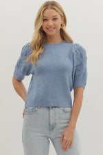 Entro Solid Bubble Sleeve Sweater With Applique In Blue