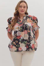 ENTRO Floral Smocked Band V Neck Top In Black PLUS Sizes