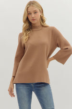 Entro Solid Mock Neck 3/4 Sleeve Sweater In Camel