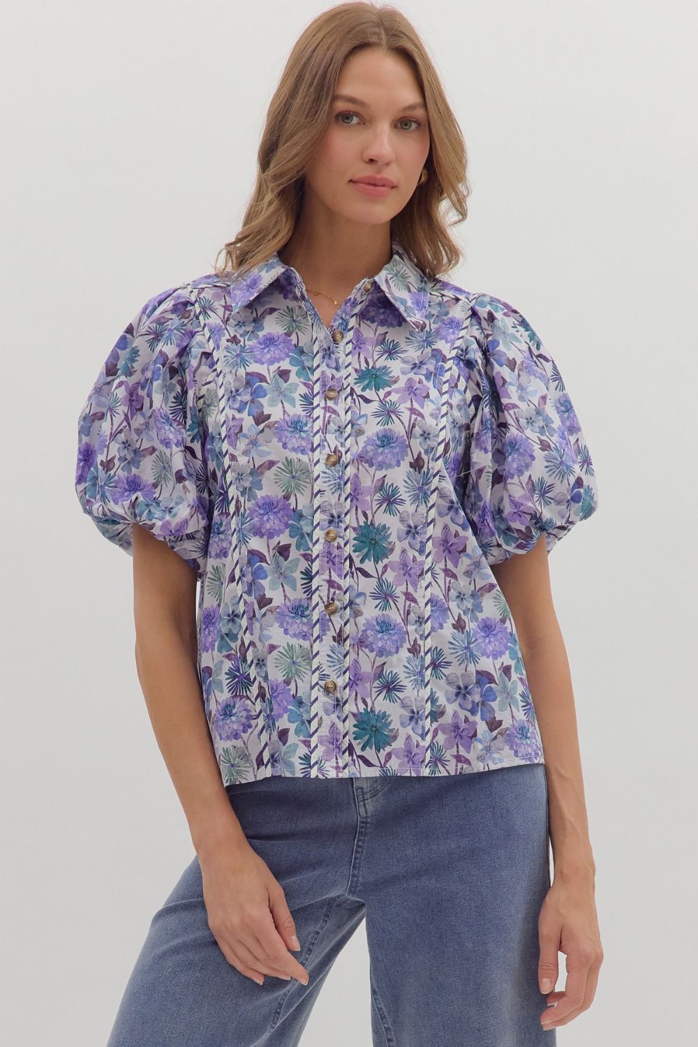 Entro Floral Button Front Top With Bubble Sleeves In Blue