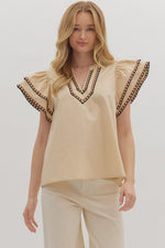 ENTRO Flutter Sleeve Embroidered Trim Top In Taupe