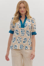 Entro Floral Print Puff Sleeve V Neck Top In Teal Blue