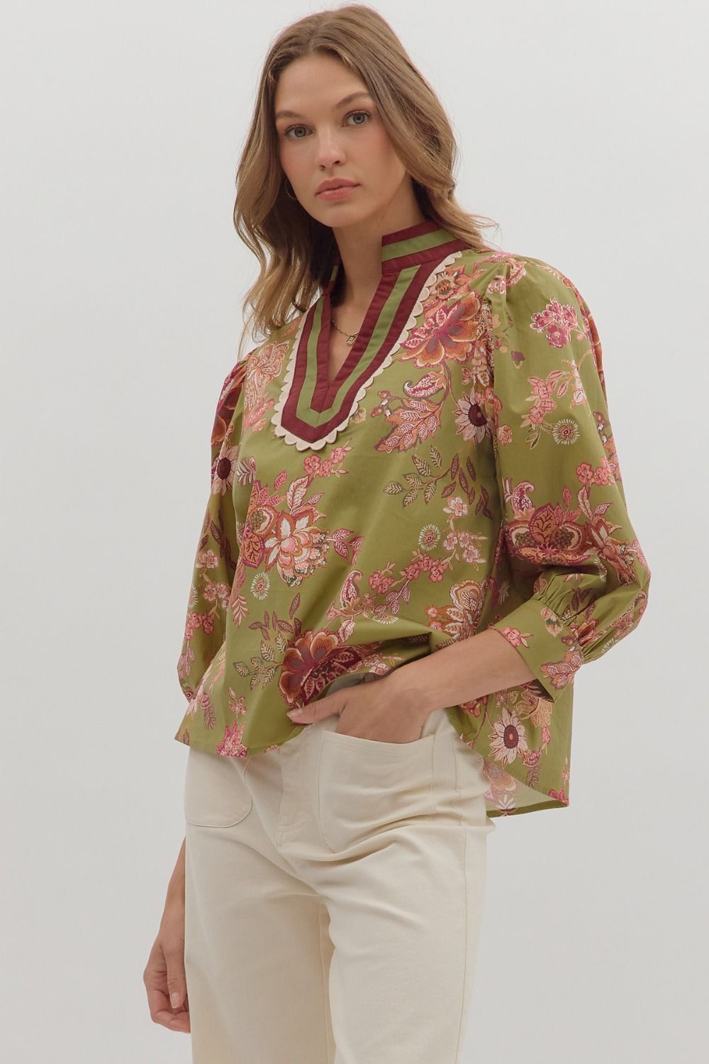 ENTRO Floral 3/4 Sleeve Top With Scallop Accent In Olive *COMING SOON*
