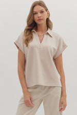 Entro Cuffed Short Sleeve Top With V Neck & Collar In Oatmeal