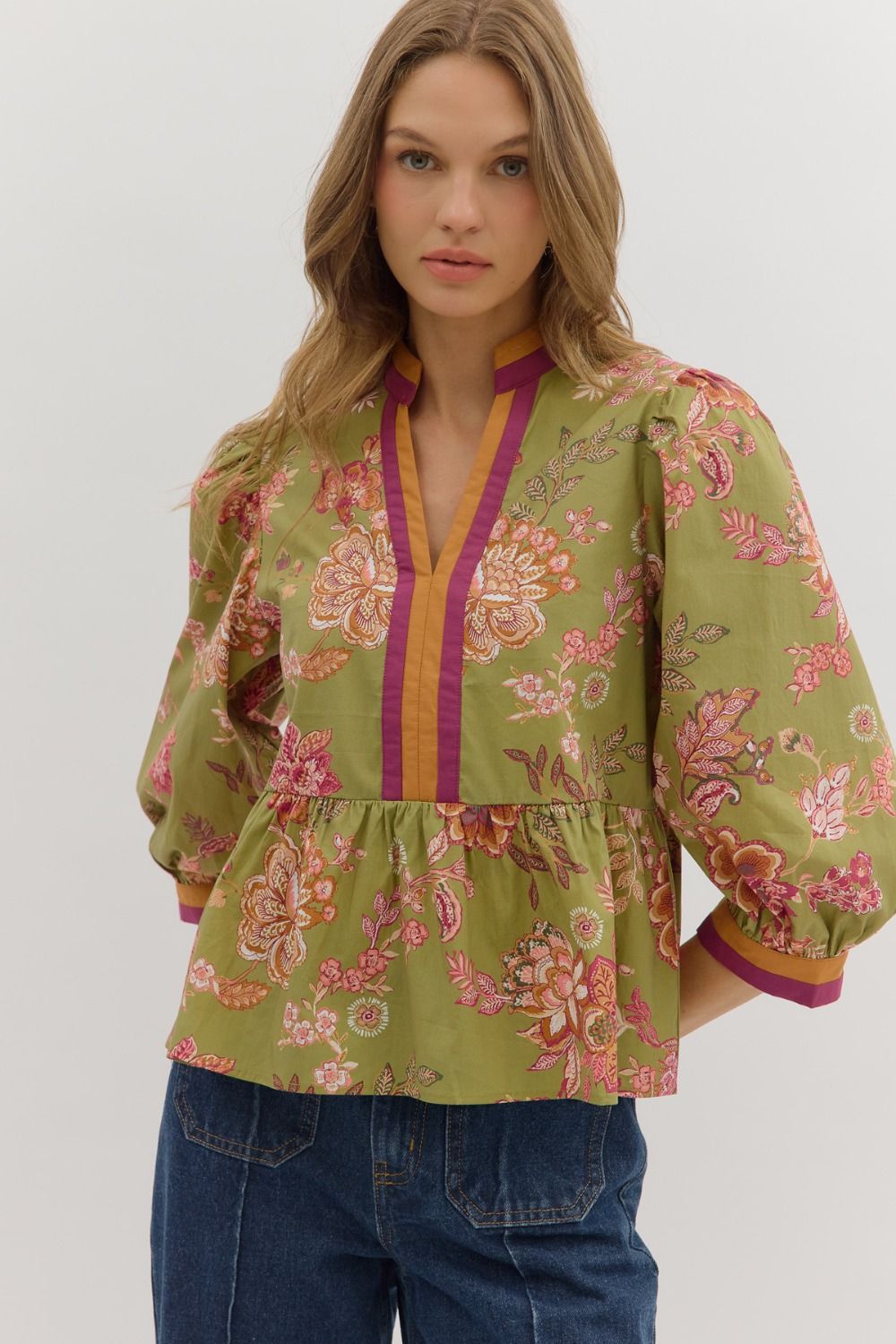 Entro Botanical Print 3/4 Sleeve Top With Contrast Binding In Olive *Coming Soon*