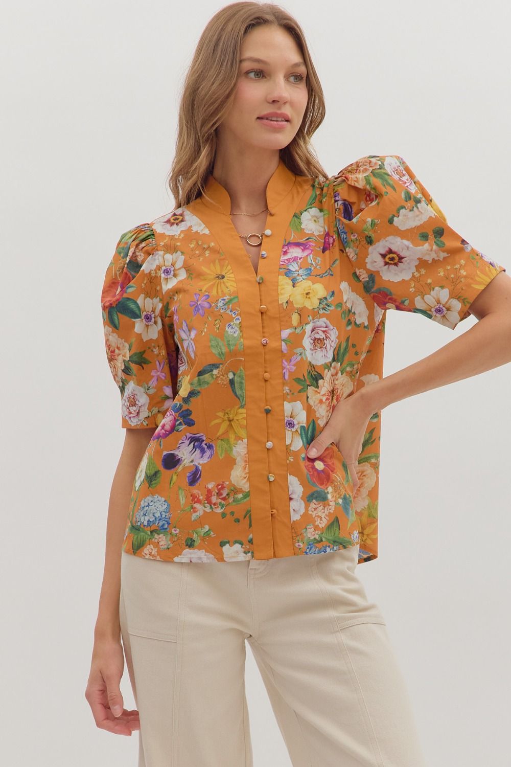 Entro Floral Button Front Top In Pumpkin