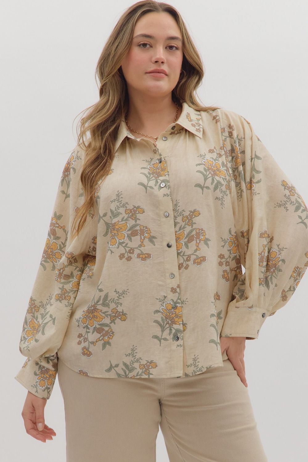 Entro Floral Long Sleeve Button Up Top In PLUS Sizes In Ecru