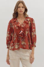 Entro Floral Print 3/4 Sleeve Top With Ruffle Neckline In Brick