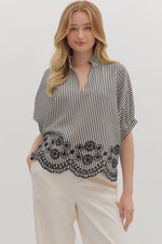Entro Striped Dolman Top With Embroidered Scalloped Trim In Black