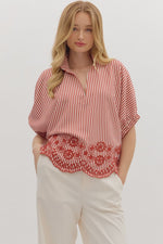 Entro Striped Dolman Top With Embroidered Scalloped Trim In Brick