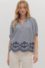 Entro Striped Dolman Top With Embroidered Scalloped Trim In Navy