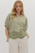 Entro Striped Dolman Top With Embroidered Scalloped Trim In Olive