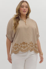 Entro Striped Dolman Top With Embroidered Scalloped Trim In Caramel PLUS Sizes