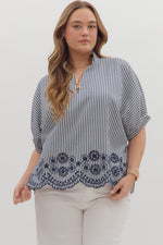 Entro Striped Dolman Top With Embroidered Scalloped Trim In Navy PLUS Sizes