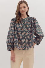 Entro Botanical Long Sleeve Button Down In Teal Green