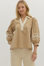 Entro 3/4 Sleeve Top With RicRac Trim In Taupe